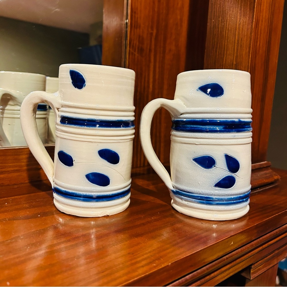 WILLIAMSBURG Salt Glazed Handmade Pottery Tall Mugs With Cobalt Blue Accents